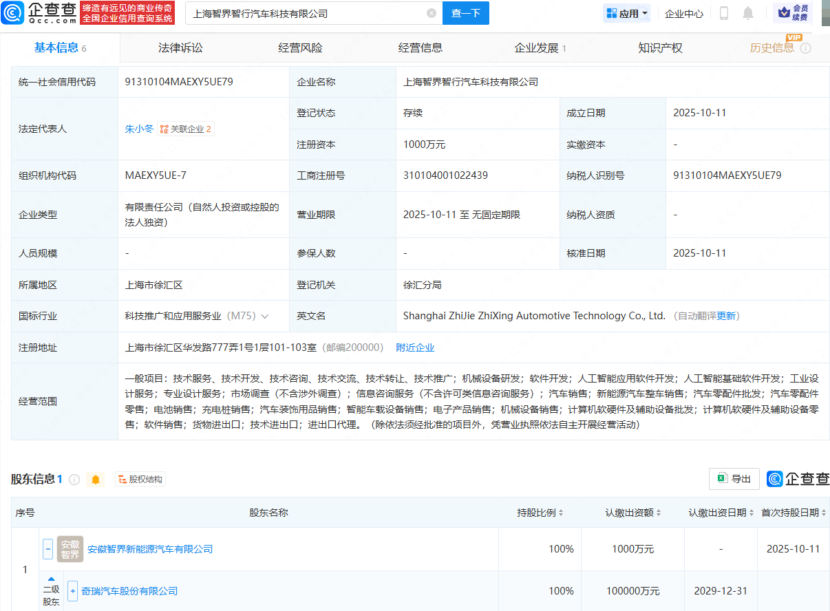 奇瑞投资成立智界智行汽车科技公司